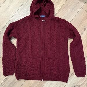British Wool Naturally cable knit Sweater medium 100% Wool maroon full zip